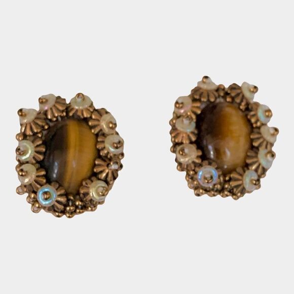 Vintage artist made tiger eye beaded detailed 1” pierced earrings new old stock - Picture 4 of 11